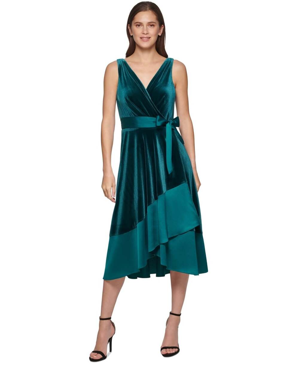 Womens DKNY Velvet Midi Wrap Dress Size 14 Green New With Tags